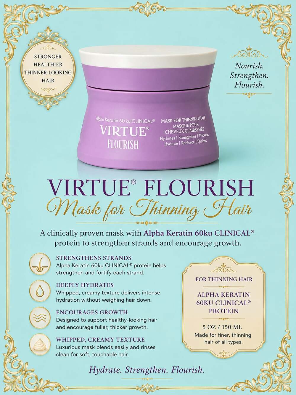 Virtue Flourish Mask for Thinning Hair with Alpha Keratin 60ku CLINICAL, 5 oz.